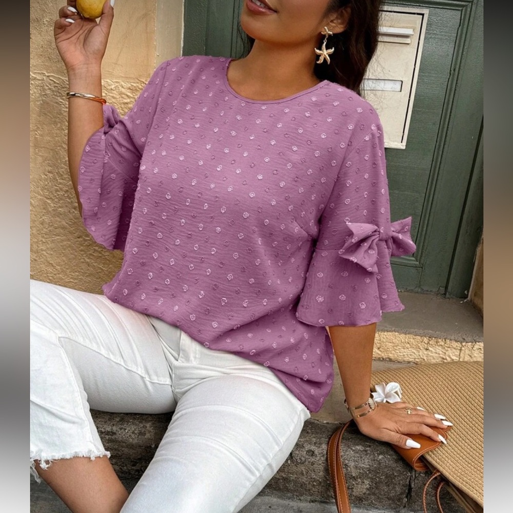 Classic Swiss Dot Ruffle Sleeve Tie Top Blouse Shirt Pruple